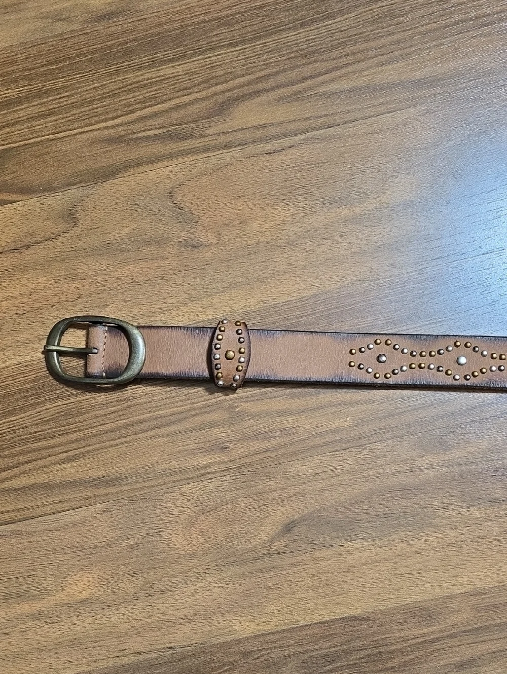 The Leathery Studded Brown Leather Belt with Antique Brass Buckle